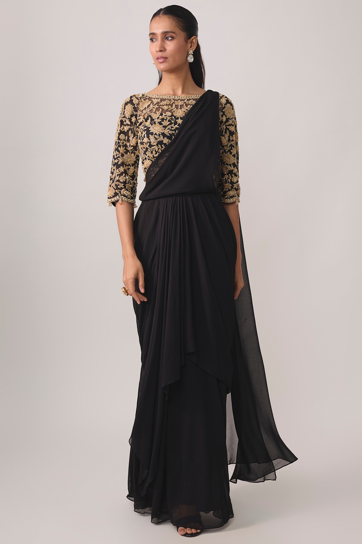 Malasa Black Georgette Bead & Cutdana Work Saree Set
