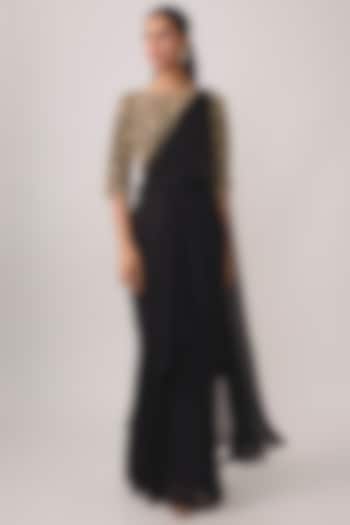 Black Georgette Bead & Cutdana Work Reception Saree Set by Malasa at Pernia's Pop Up Shop