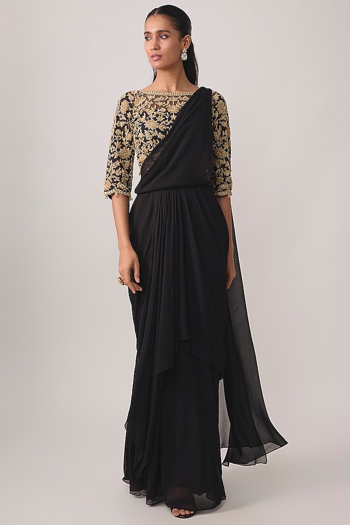 Black Georgette Bead & Cutdana Work Reception Saree Set by Malasa at Pernia's Pop Up Shop