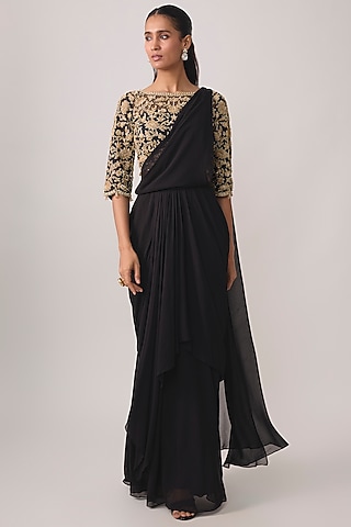 Black Georgette Bead & Cutdana Work Saree Set by Malasa