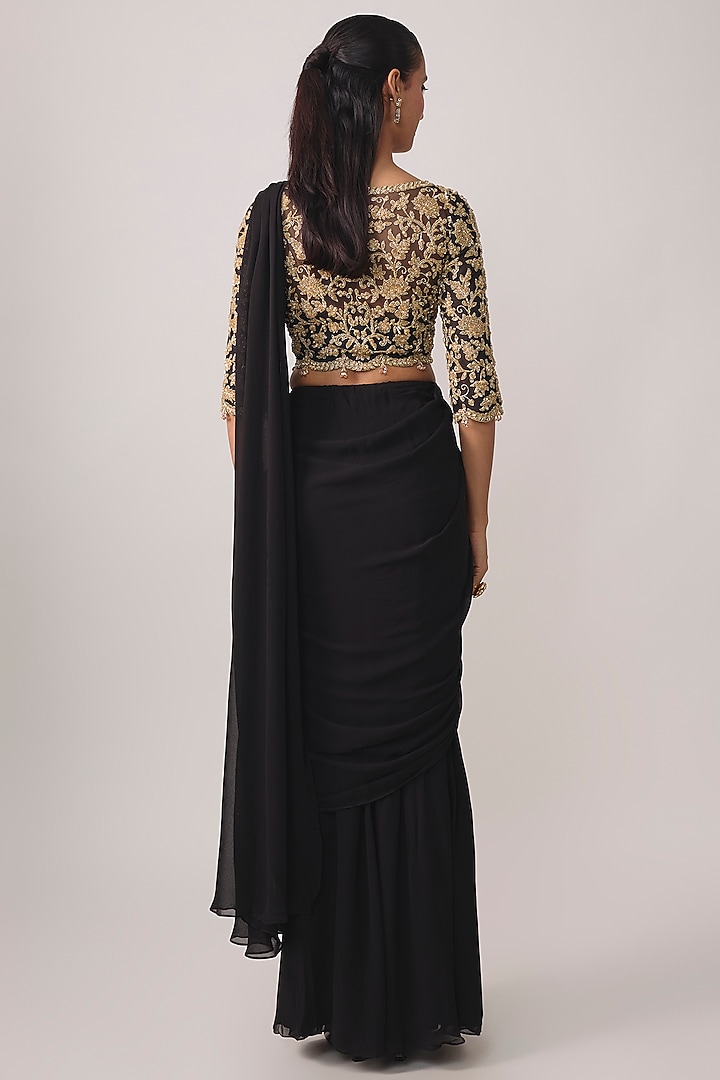 Black Georgette Bead & Cutdana Work Reception Saree Set by Malasa at Pernia's Pop Up Shop