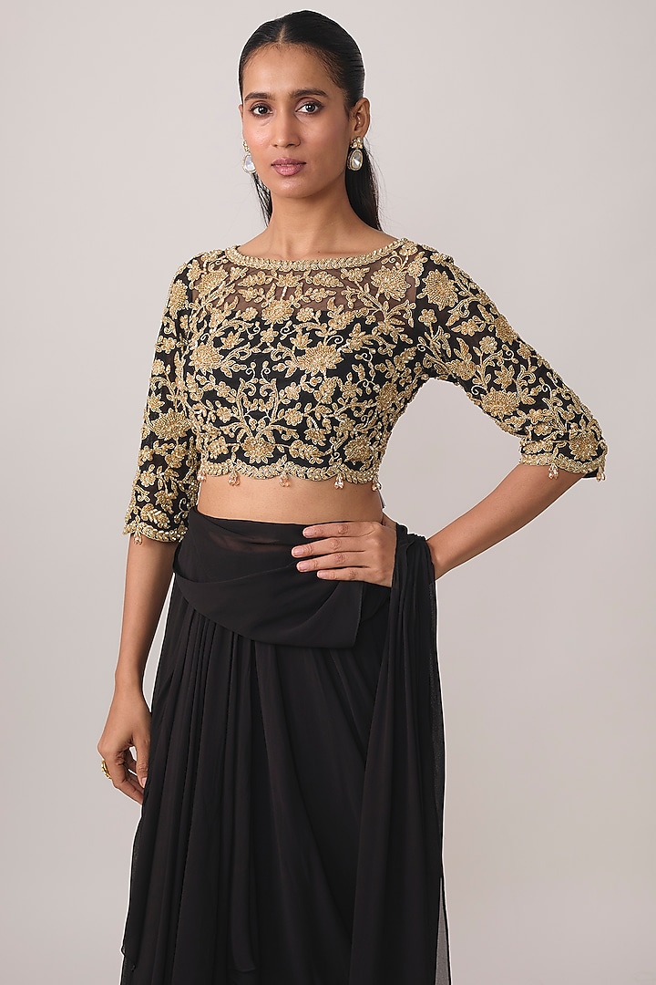 Black Georgette Bead & Cutdana Work Reception Saree Set by Malasa at Pernia's Pop Up Shop