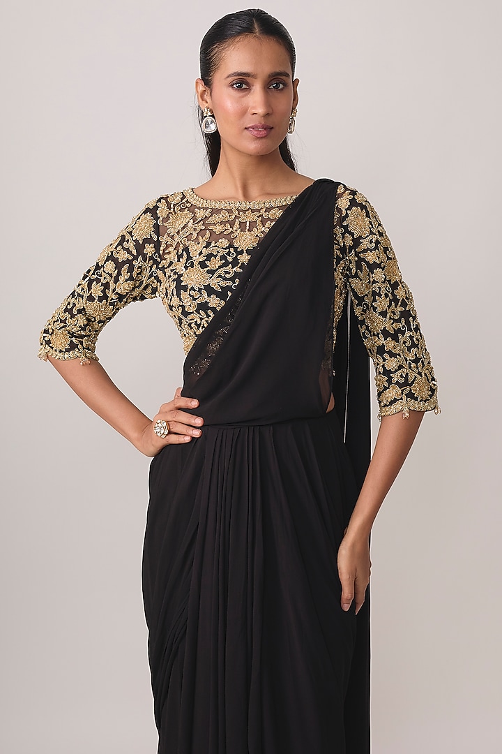 Black Georgette Bead & Cutdana Work Reception Saree Set by Malasa at Pernia's Pop Up Shop
