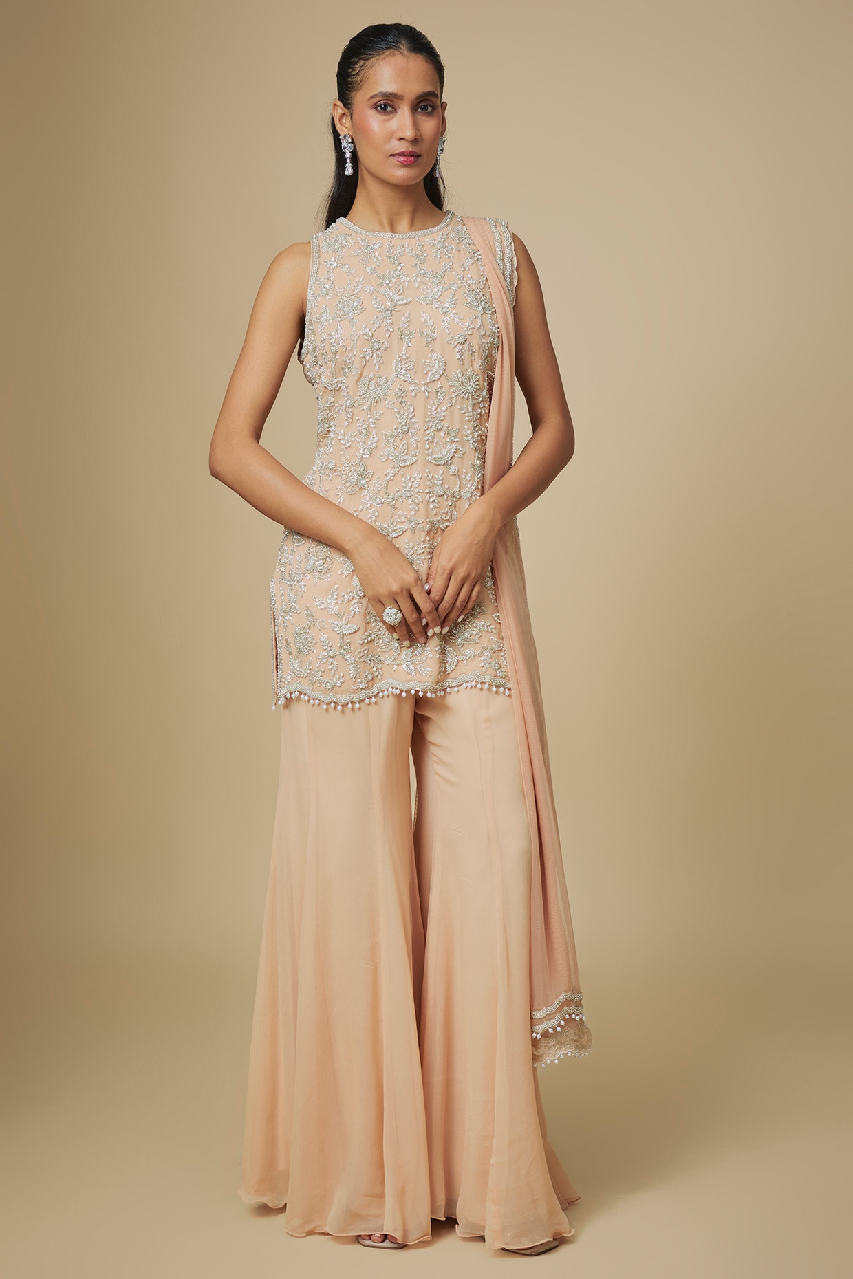 Malasa Peach Georgette Embellished Sharara Set