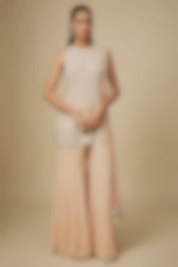 Peach Georgette Embellished Wedding Sharara Set by Malasa at Pernia's Pop Up Shop