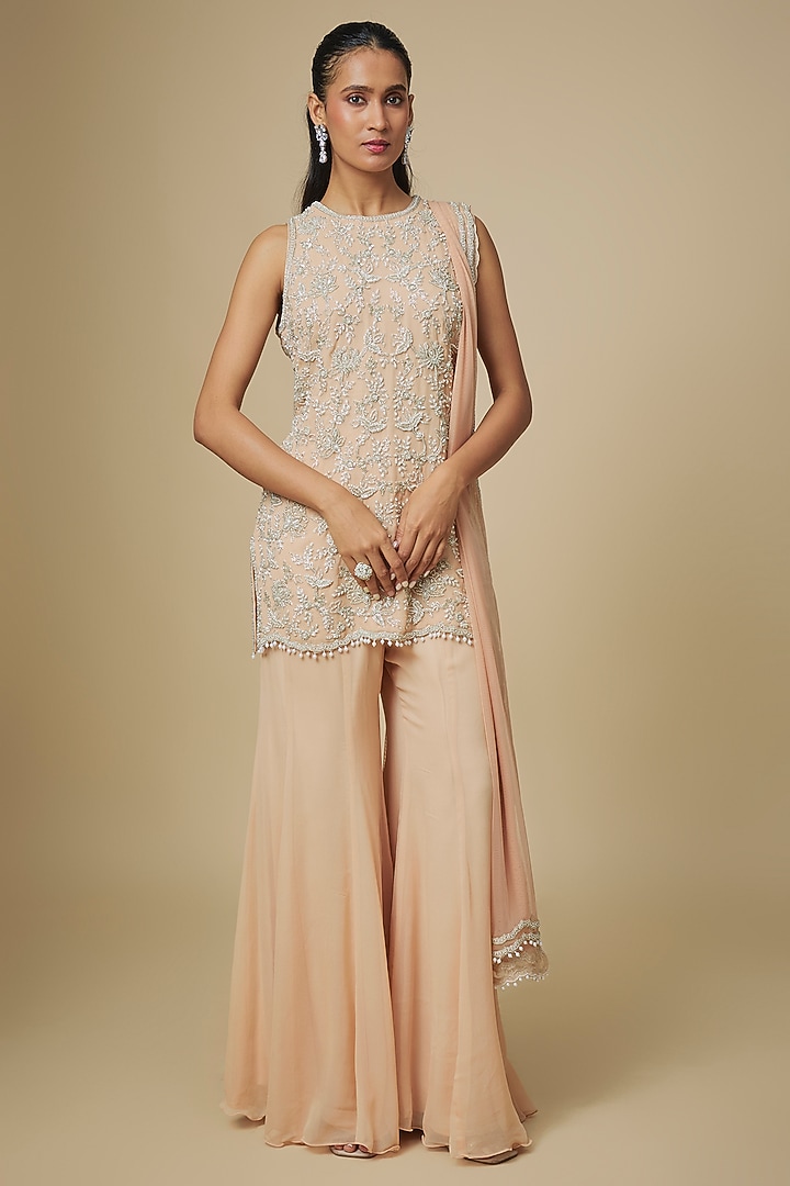 Peach Georgette Embellished Wedding Sharara Set by Malasa at Pernia's Pop Up Shop