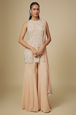 Peach Georgette Embellished Sharara Set by Malasa