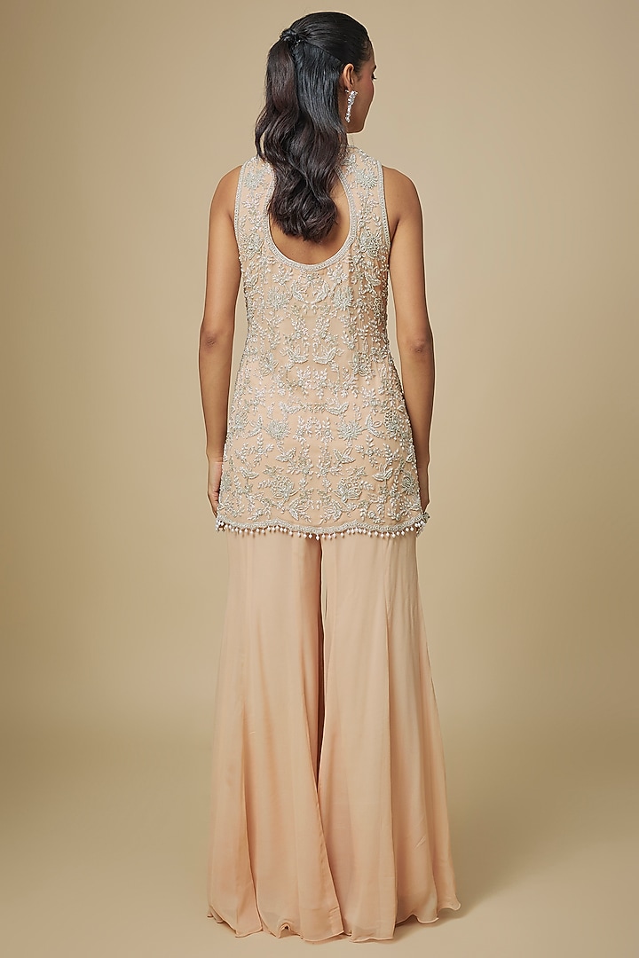 Peach Georgette Embellished Wedding Sharara Set by Malasa at Pernia's Pop Up Shop