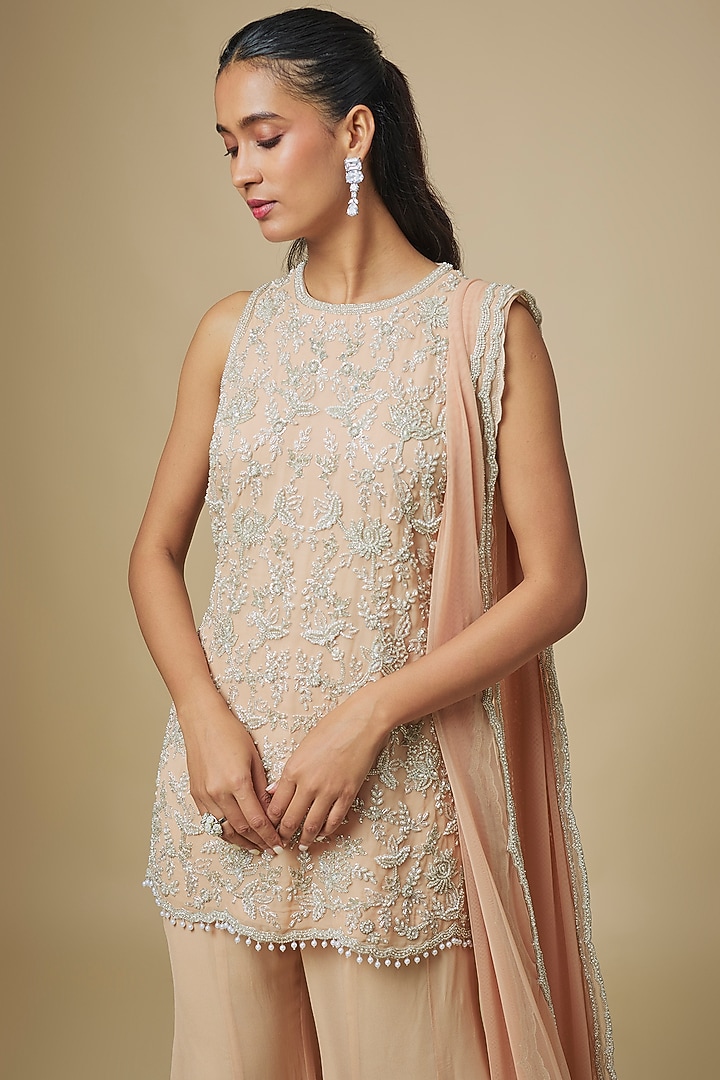 Peach Georgette Embellished Wedding Sharara Set by Malasa at Pernia's Pop Up Shop