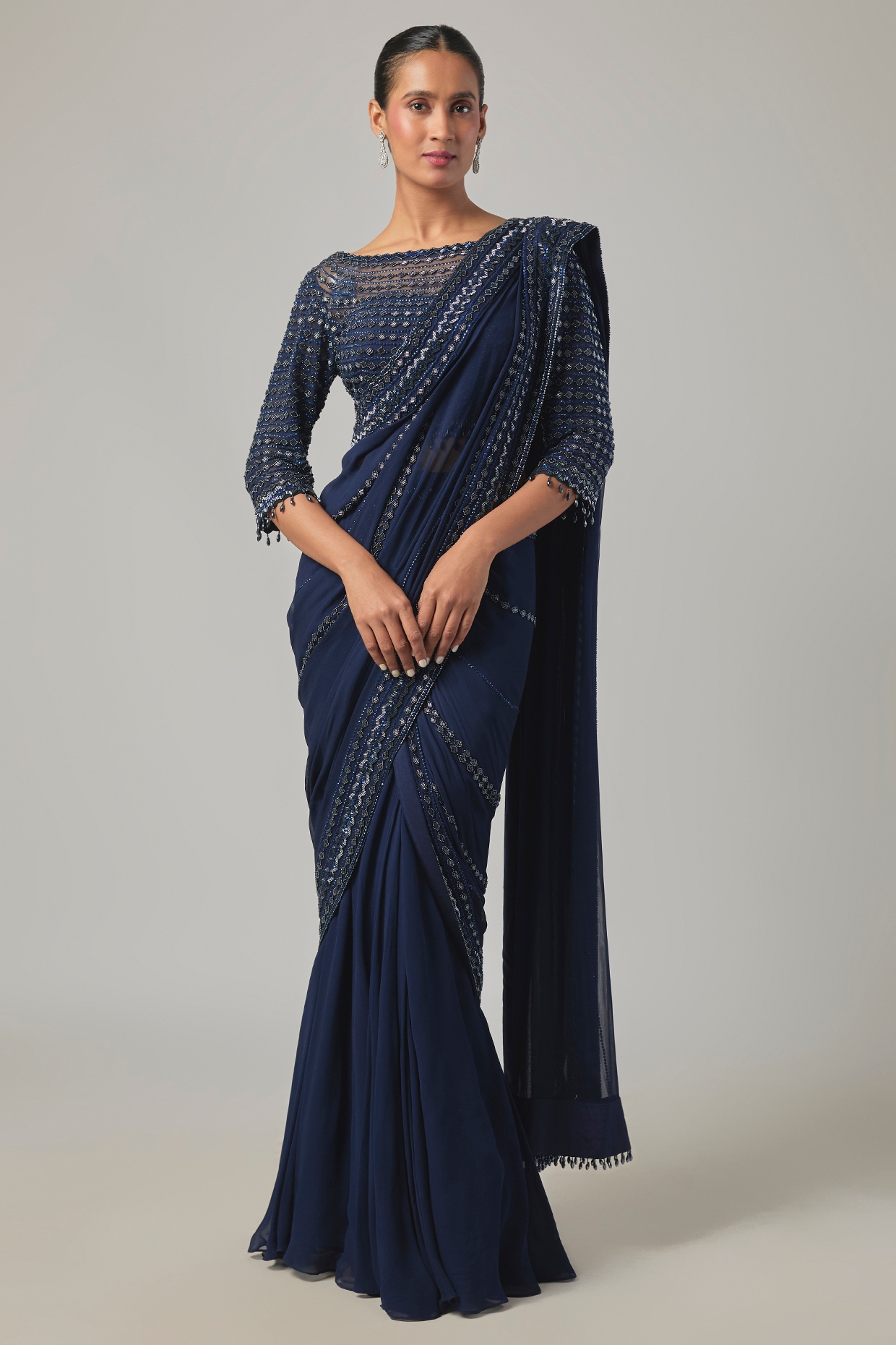Malasa Blue Georgette Embroidered Saree Set