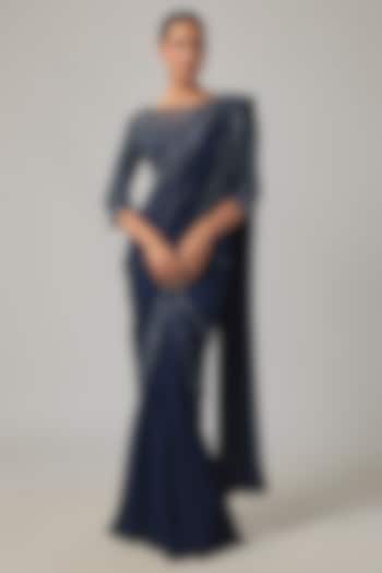 Blue Georgette Embroidered Reception Saree Set by Malasa at Pernia's Pop Up Shop