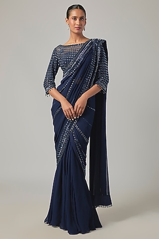 Blue Georgette Embroidered Saree Set by Malasa