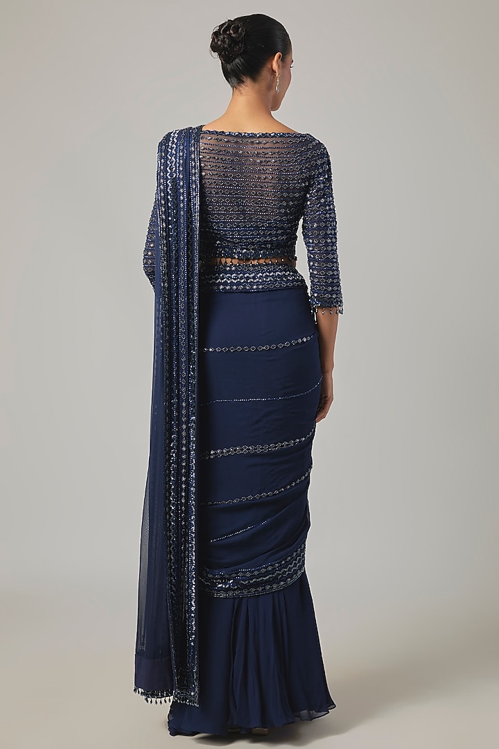 Blue Georgette Embroidered Reception Saree Set by Malasa at Pernia's Pop Up Shop