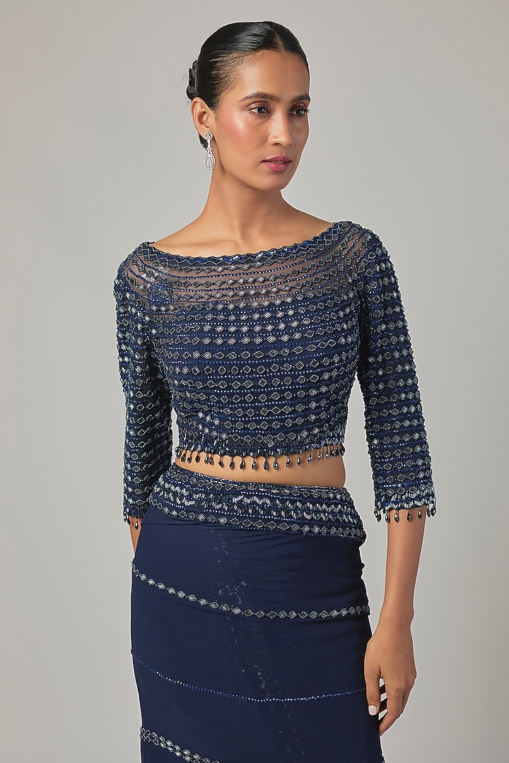 Blue Georgette Embroidered Reception Saree Set by Malasa at Pernia's Pop Up Shop