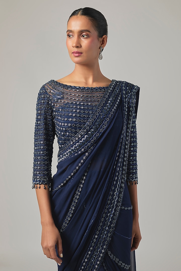 Blue Georgette Embroidered Reception Saree Set by Malasa at Pernia's Pop Up Shop
