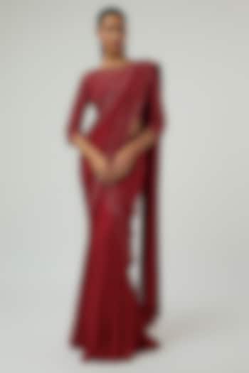 Red Georgette Bead Work Reception Saree Set by Malasa at Pernia's Pop Up Shop