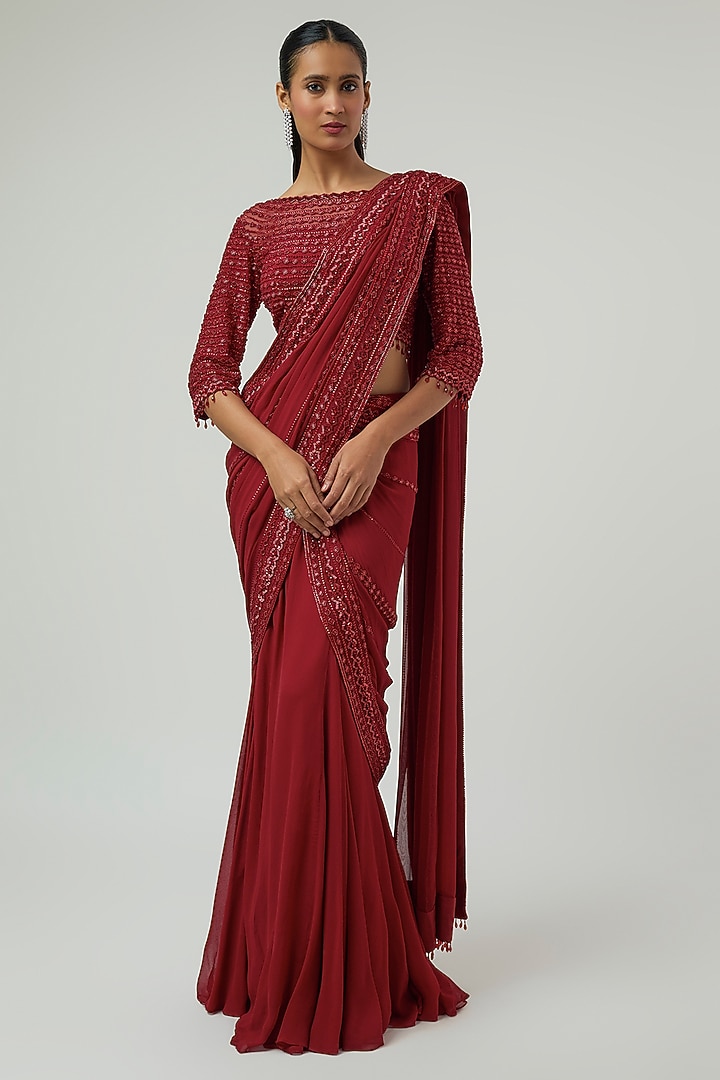 Red Georgette Bead Work Reception Saree Set by Malasa at Pernia's Pop Up Shop