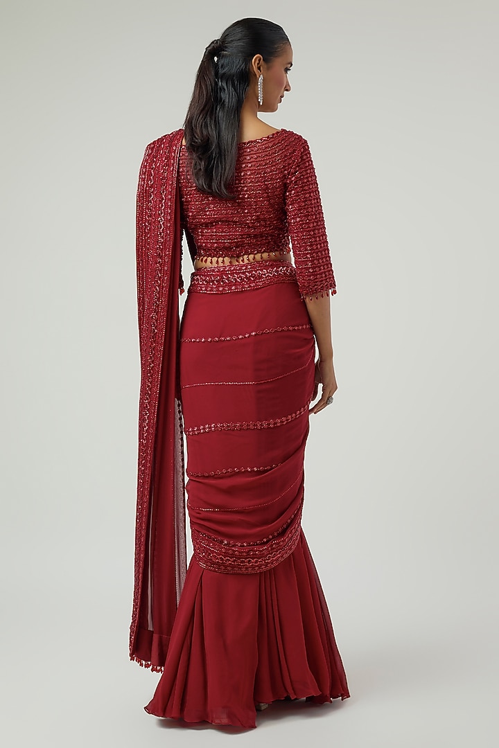 Red Georgette Bead Work Reception Saree Set by Malasa at Pernia's Pop Up Shop