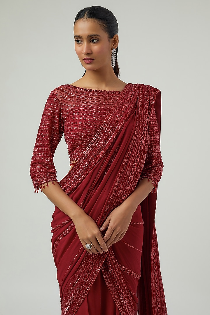 Red Georgette Bead Work Reception Saree Set by Malasa at Pernia's Pop Up Shop