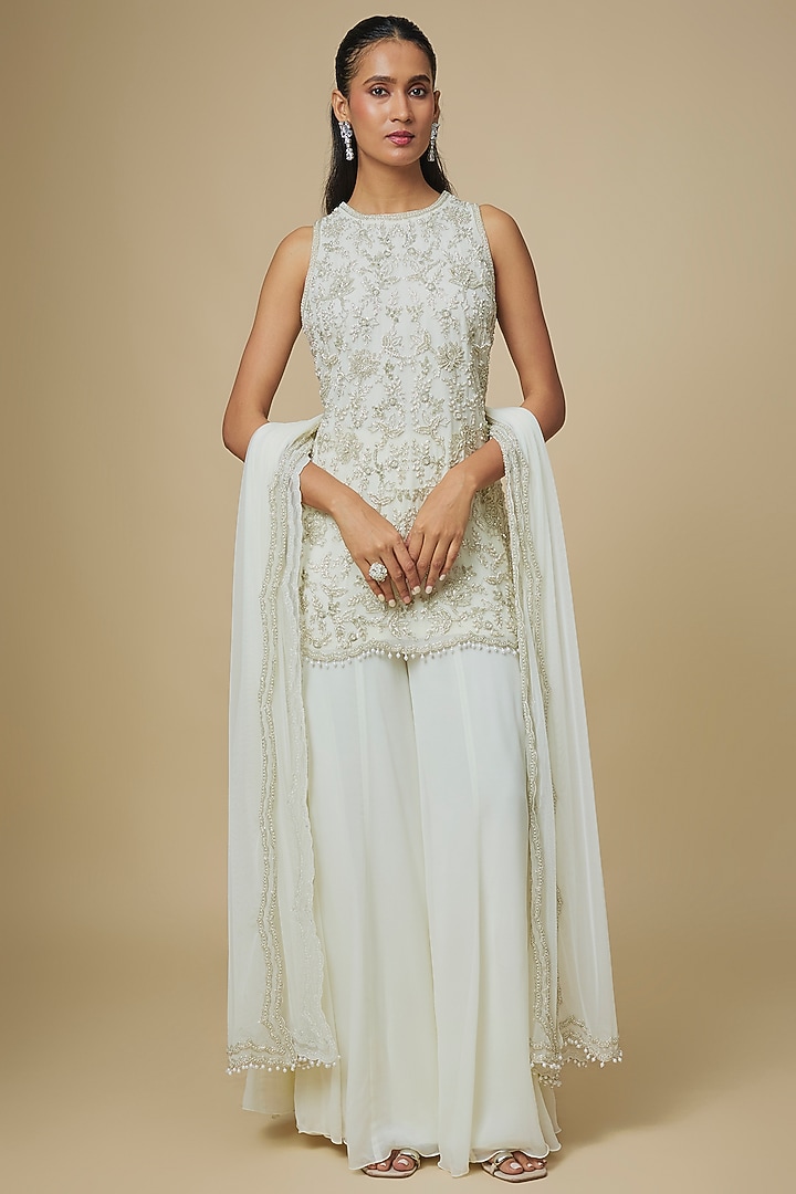 Ivory Georgette Embellished Bridal Sharara Set by Malasa at Pernia's Pop Up Shop