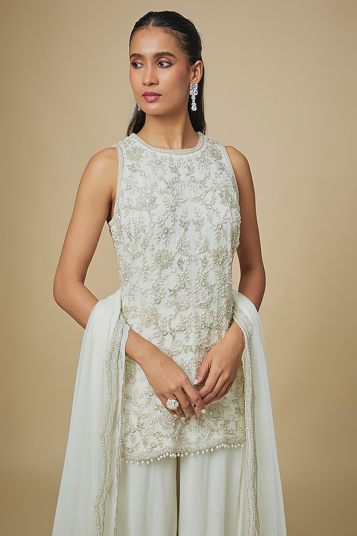 Ivory Georgette Embellished Bridal Sharara Set by Malasa at Pernia's Pop Up Shop