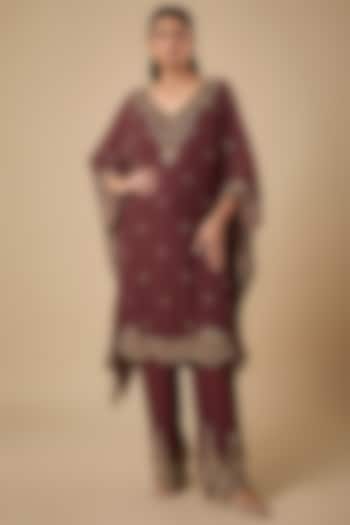 Maroon Georgette Cutdana Embroidered Kaftan Set by Malasa at Pernia's Pop Up Shop