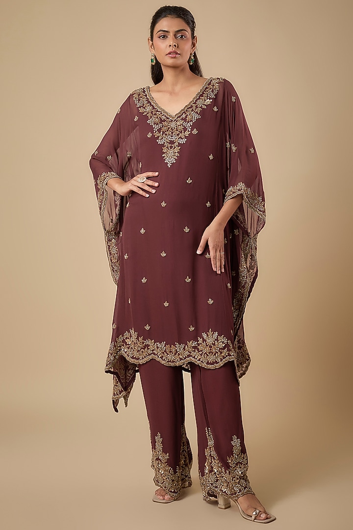 Maroon Georgette Cutdana Embroidered Kaftan Set by Malasa at Pernia's Pop Up Shop