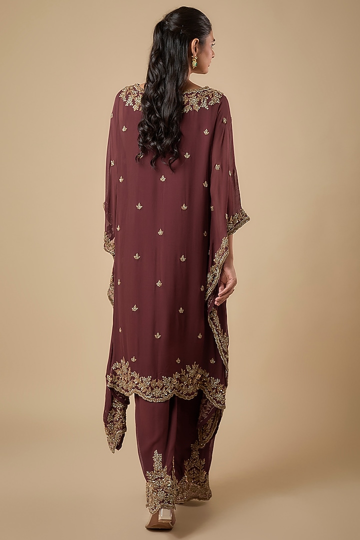 Maroon Georgette Cutdana Embroidered Kaftan Set by Malasa at Pernia's Pop Up Shop