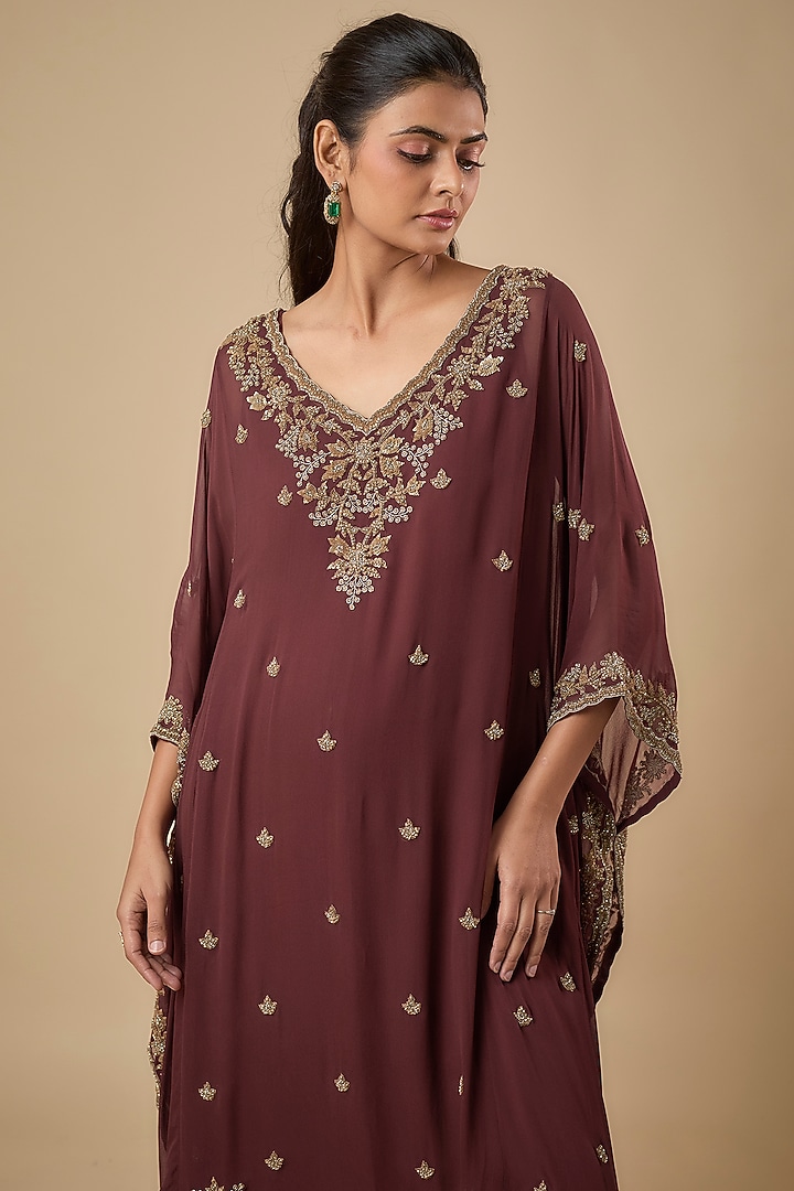 Maroon Georgette Cutdana Embroidered Kaftan Set by Malasa at Pernia's Pop Up Shop