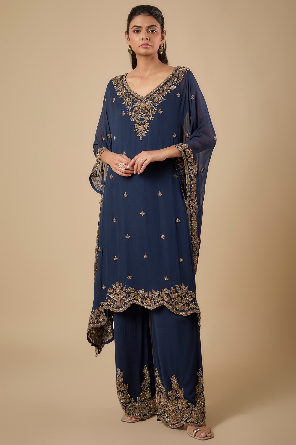 Malasa Blue Georgette Cutdana Embroidered Kaftan Set