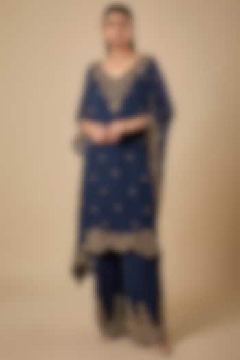 Blue Georgette Cutdana Embroidered Kaftan Set by Malasa at Pernia's Pop Up Shop