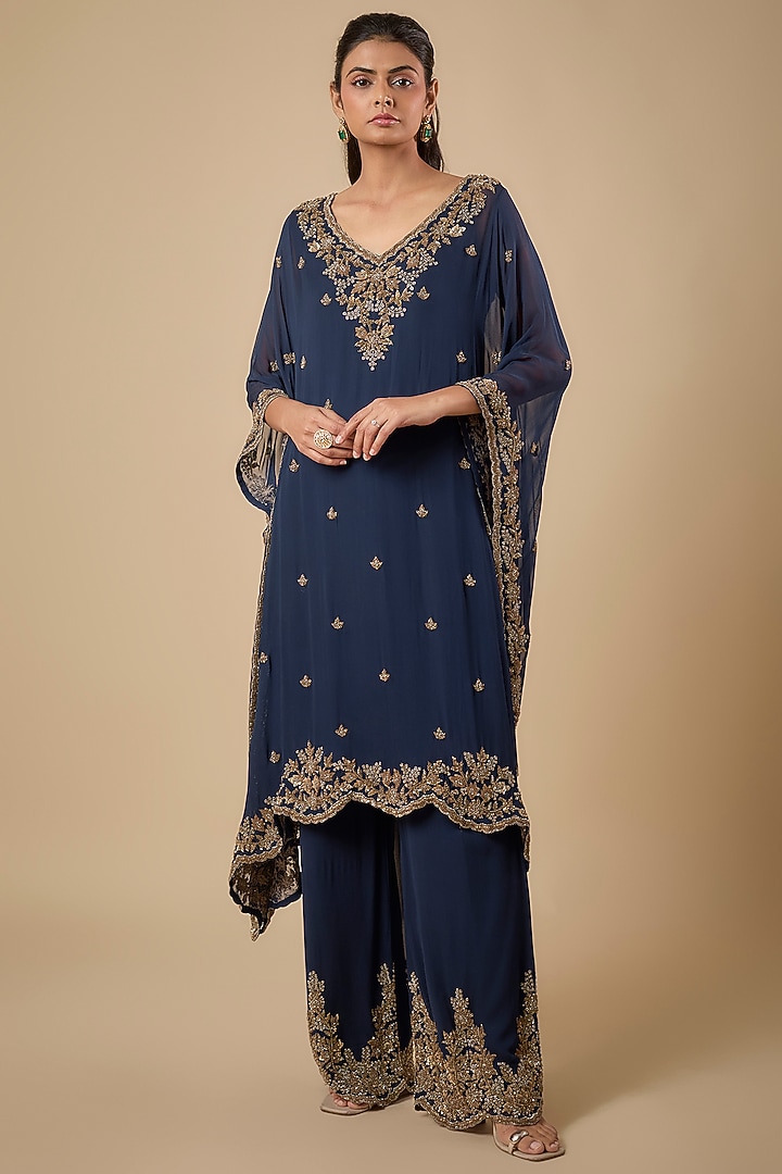 Blue Georgette Cutdana Embroidered Kaftan Set by Malasa at Pernia's Pop Up Shop