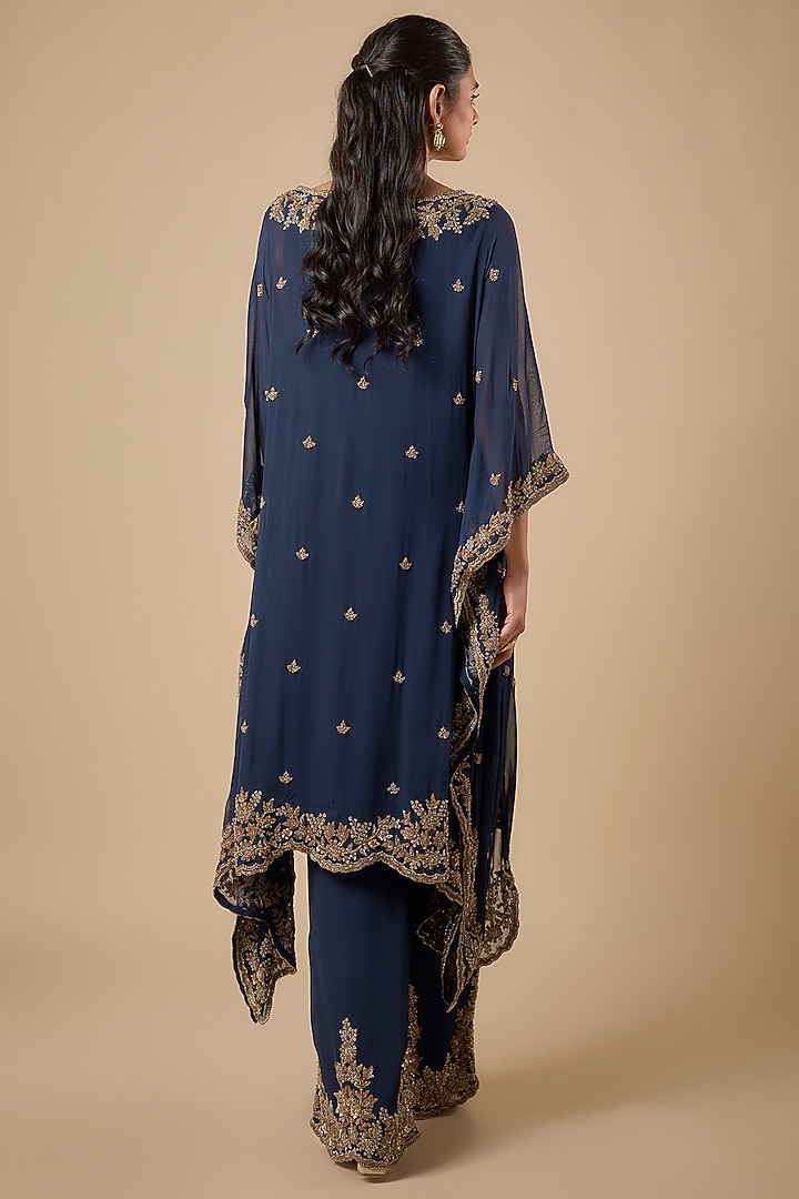 Blue Georgette Cutdana Embroidered Kaftan Set by Malasa at Pernia's Pop Up Shop