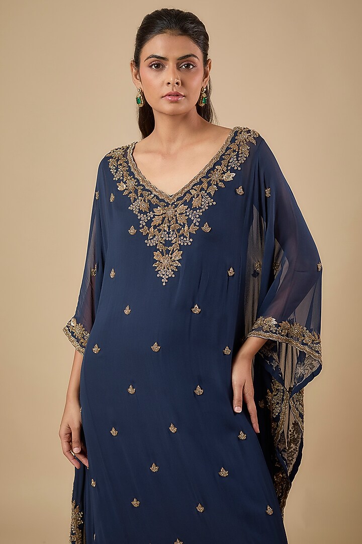 Blue Georgette Cutdana Embroidered Kaftan Set by Malasa at Pernia's Pop Up Shop