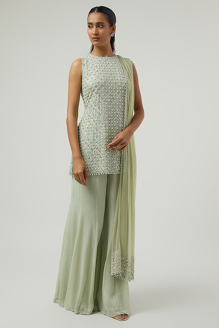 Mint Green Georgette Wedding Sharara Set by Malasa at Pernia's Pop Up Shop