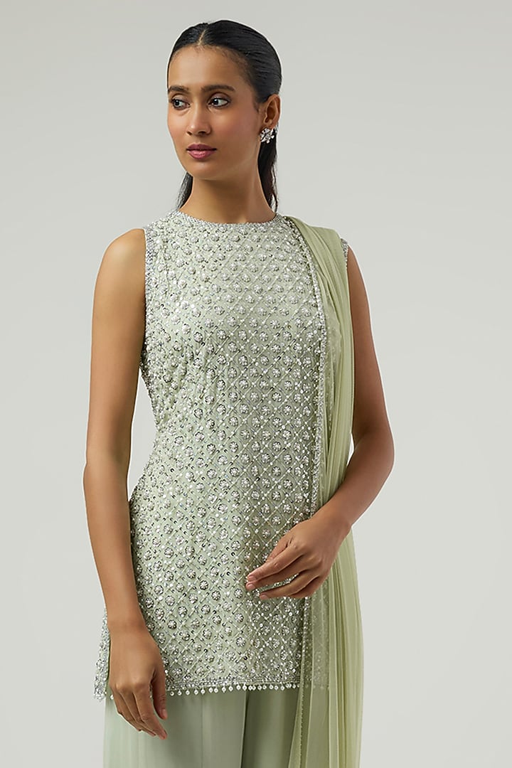 Mint Green Georgette Wedding Sharara Set by Malasa at Pernia's Pop Up Shop