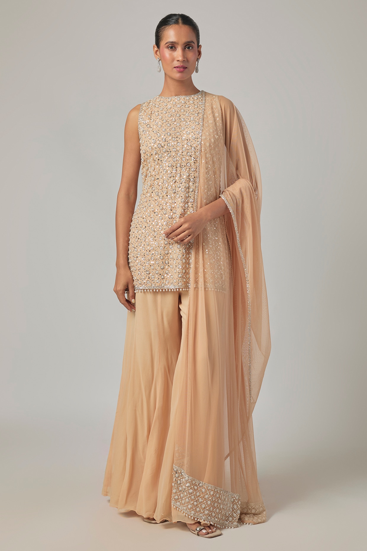 Malasa Peach Georgette Sharara Set