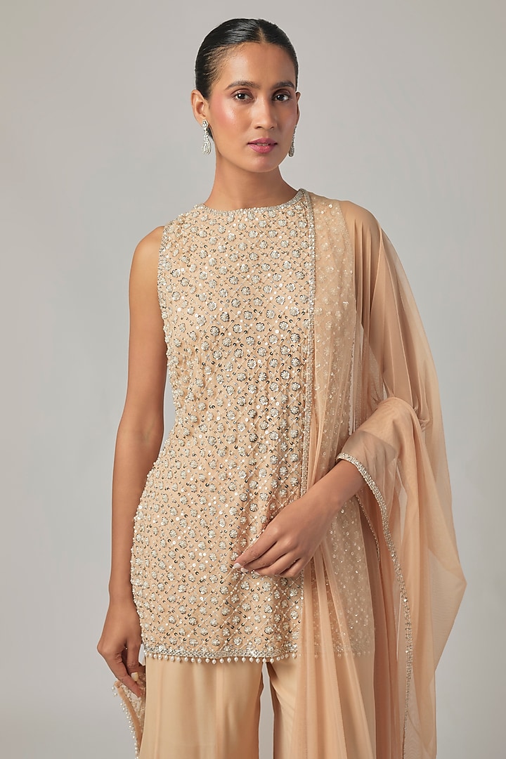 Peach Georgette Wedding Sharara Set by Malasa at Pernia's Pop Up Shop