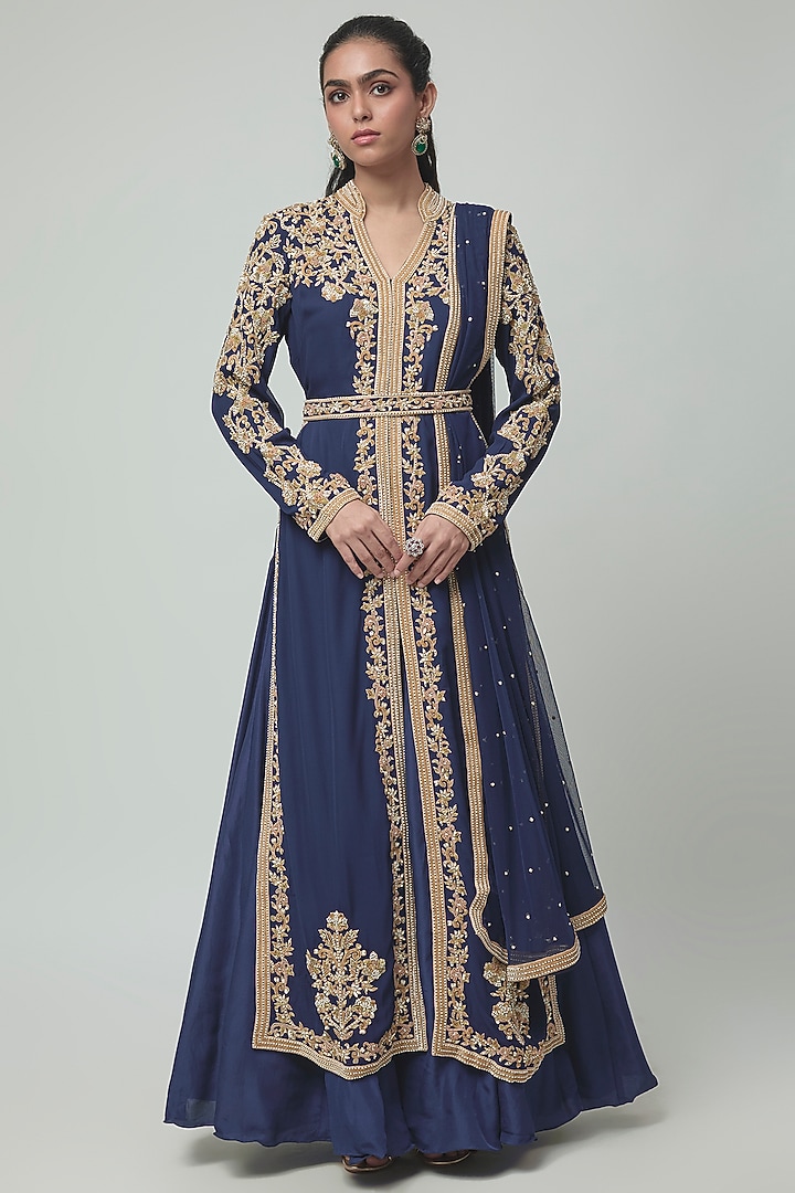 Blue Georgette Embroidered Jacket Set by Malasa at Pernia's Pop Up Shop