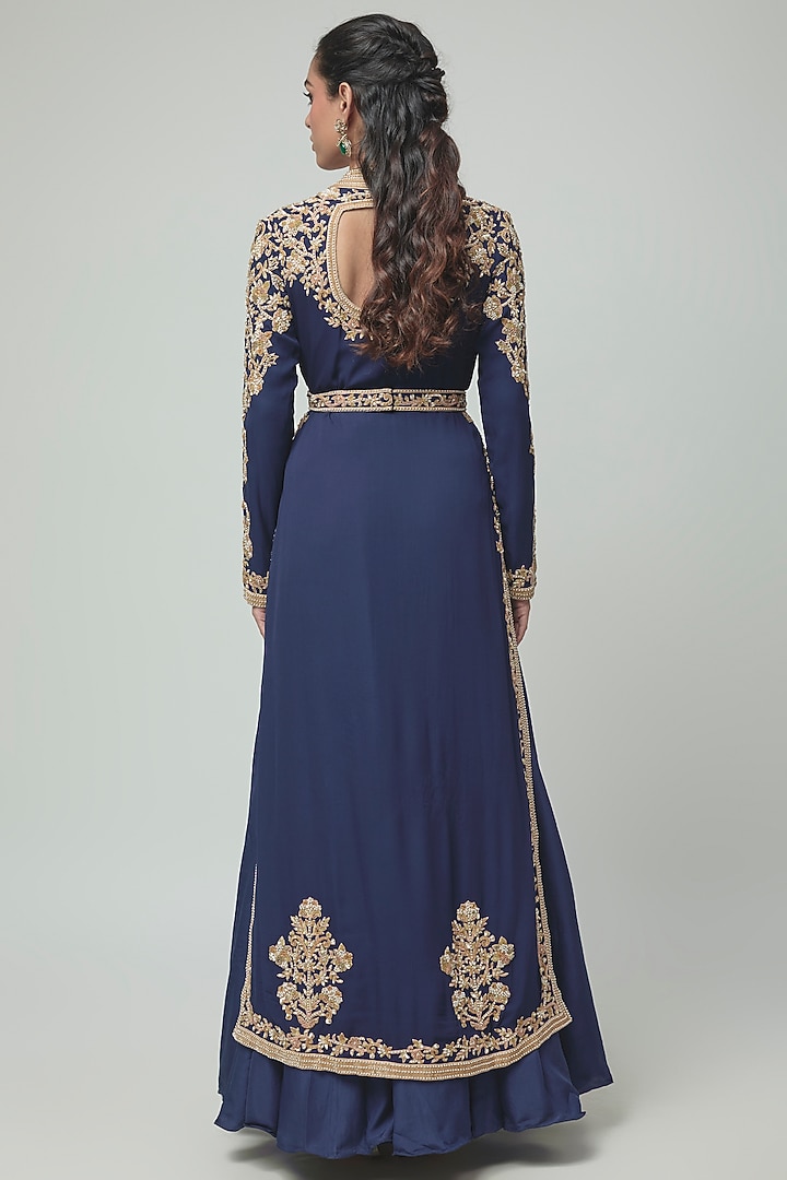 Blue Georgette Embroidered Jacket Set by Malasa at Pernia's Pop Up Shop