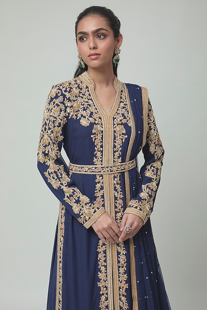 Blue Georgette Embroidered Jacket Set by Malasa at Pernia's Pop Up Shop
