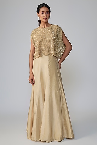 Golden Satin Silk Skirt Set by Malasa