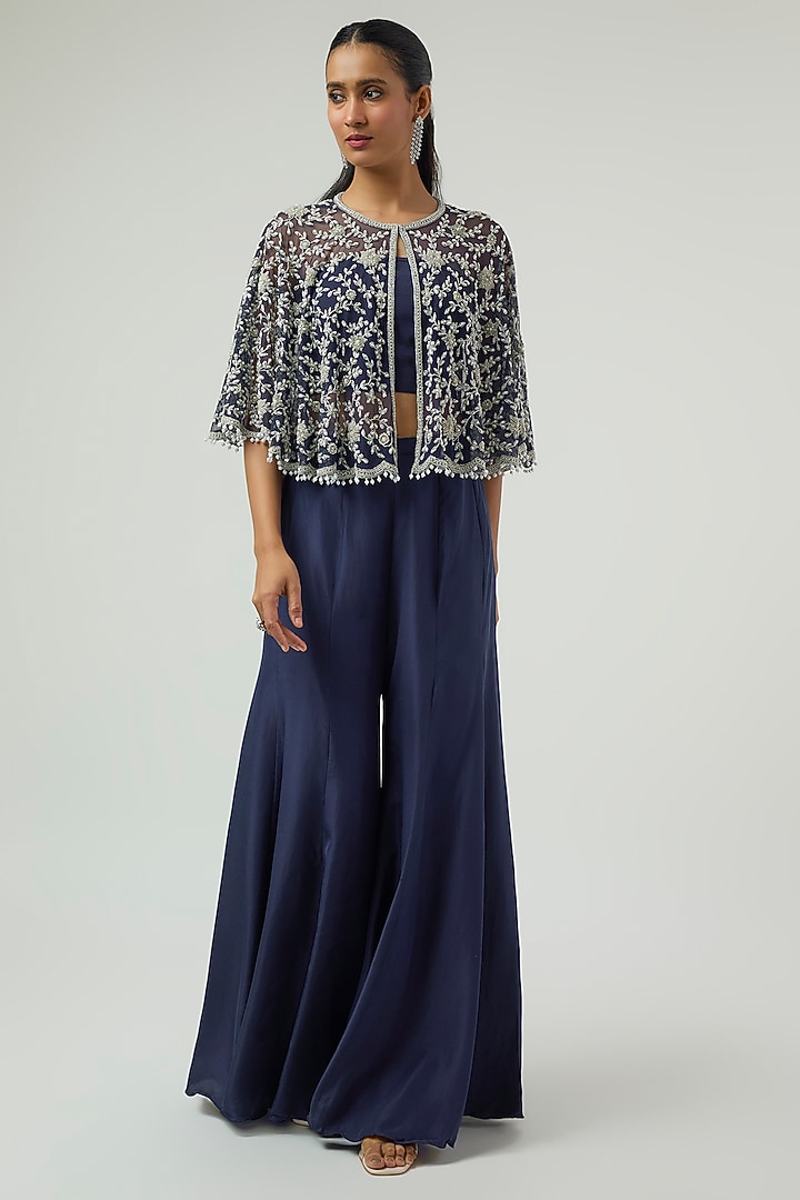Blue Satin Silk Wedding Sharara Set by Malasa at Pernia's Pop Up Shop