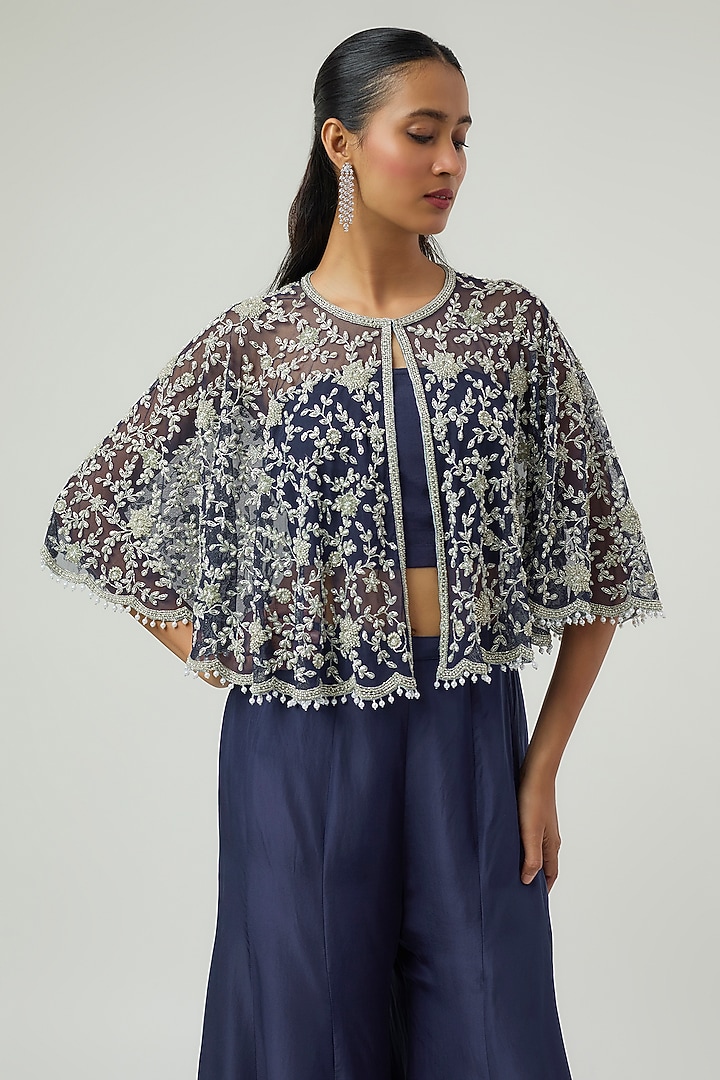 Blue Satin Silk Wedding Sharara Set by Malasa at Pernia's Pop Up Shop