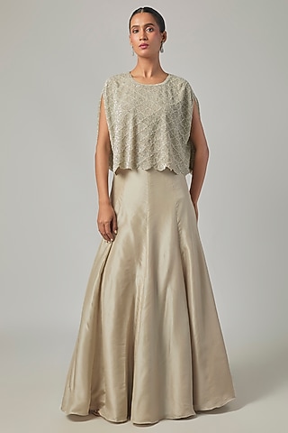 Silver Satin Silk Skirt Set by Malasa