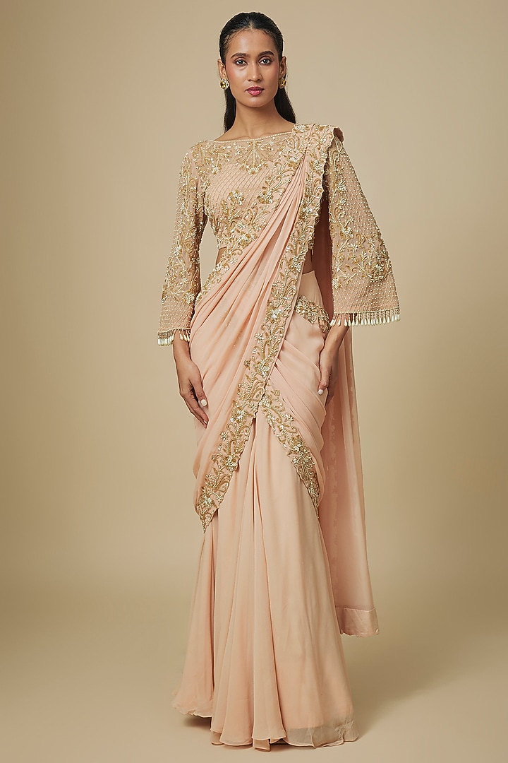Peach Georgette Thread Embellished Draped Reception Saree Set by Malasa at Pernia's Pop Up Shop
