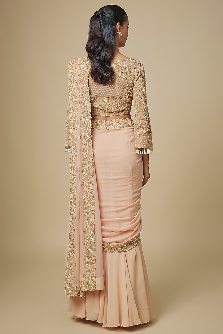 Peach Georgette Thread Embellished Draped Reception Saree Set by Malasa at Pernia's Pop Up Shop