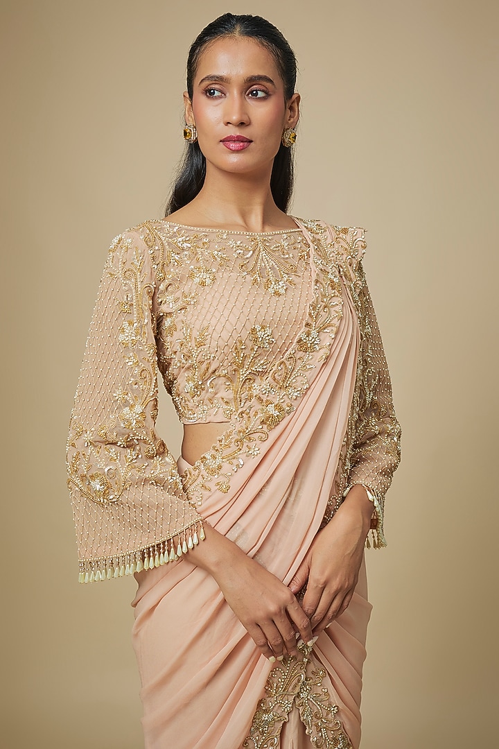 Peach Georgette Thread Embellished Draped Reception Saree Set by Malasa at Pernia's Pop Up Shop