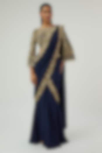 Blue Georgette Pearl Work Reception Saree Set by Malasa at Pernia's Pop Up Shop