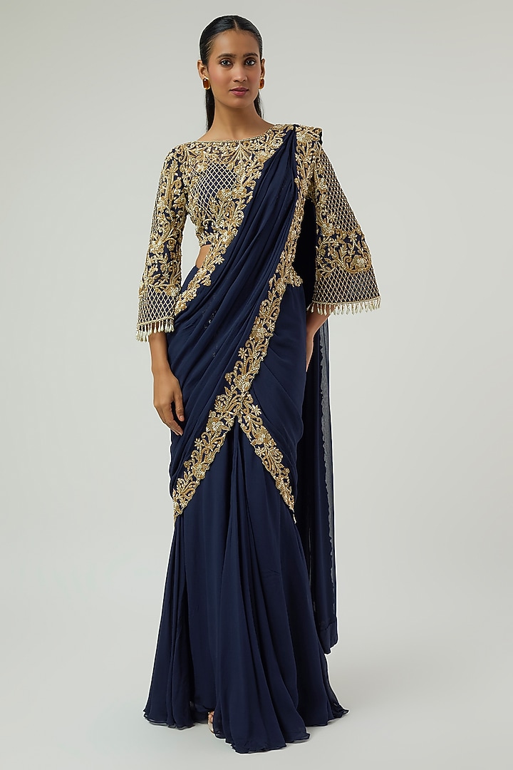 Blue Georgette Pearl Work Reception Saree Set by Malasa at Pernia's Pop Up Shop
